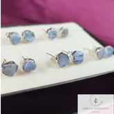 Rough Blue Opal Stud Earrings, Silver Plated Studs, Opal Gemstone Stud Earrings, Raw Blue Opal Earrings, Crystal Earrings, Fashion Jewelry